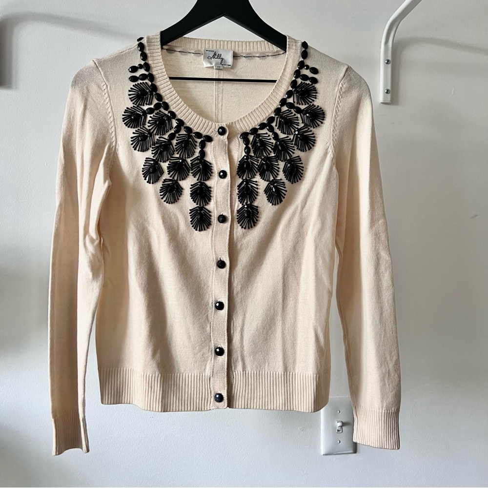 Milly Cream Cardigan with Black Embellished Neckline